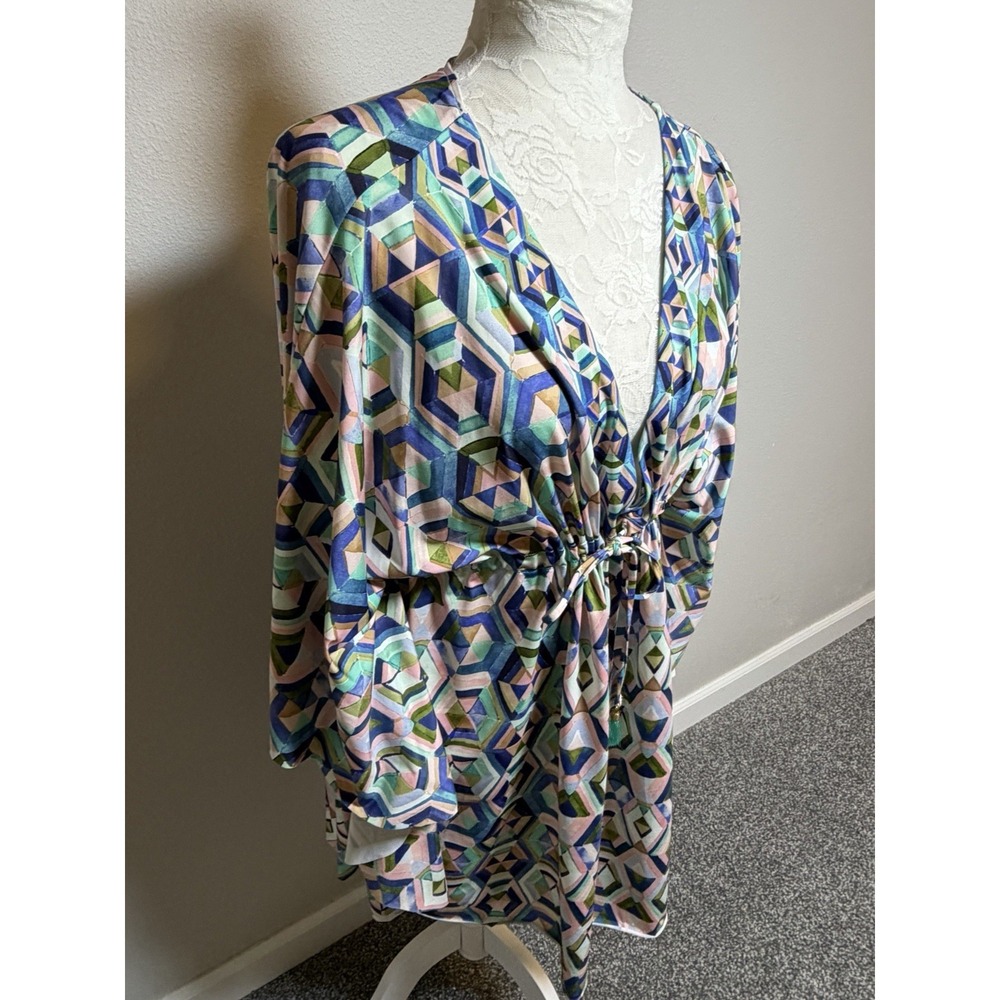 La Blanca Kimono Short Swim Cover Up~OS~Blue Geometric Drawstring Waist Tassels - Picture 3 of 10
